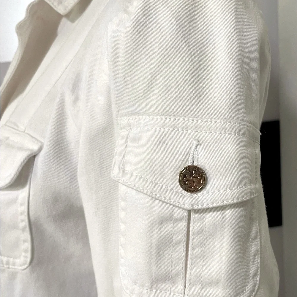 Tory Burch White Military Safari Utility Jacket Gold Buttons Size 8 🤍✨